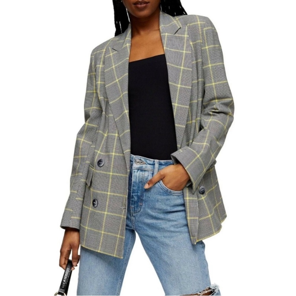 Topshop Gray Windowpane Blazer with Yellow Check